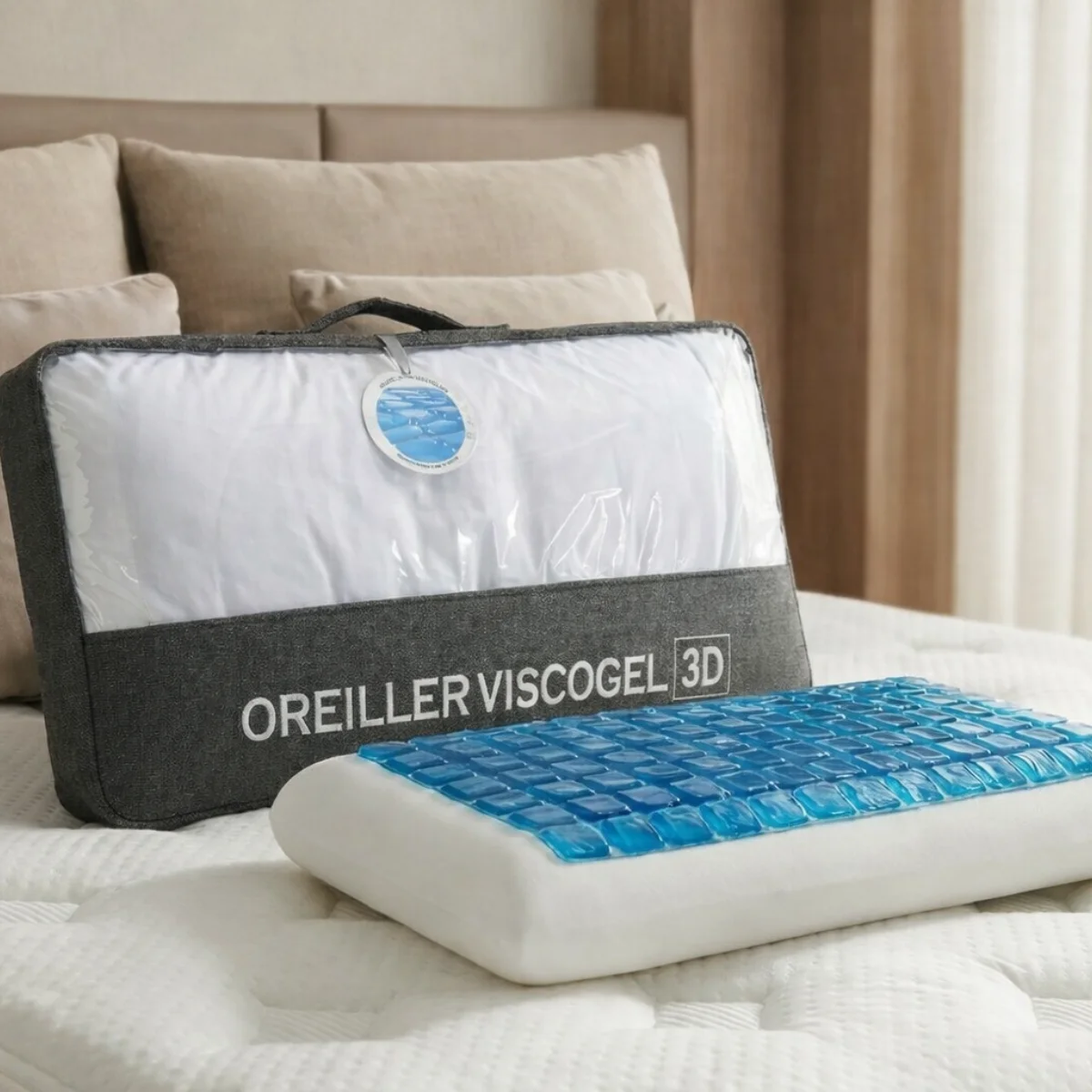 Oreiller Viscogel 3D et son emballage posés sur un matelas blanc.